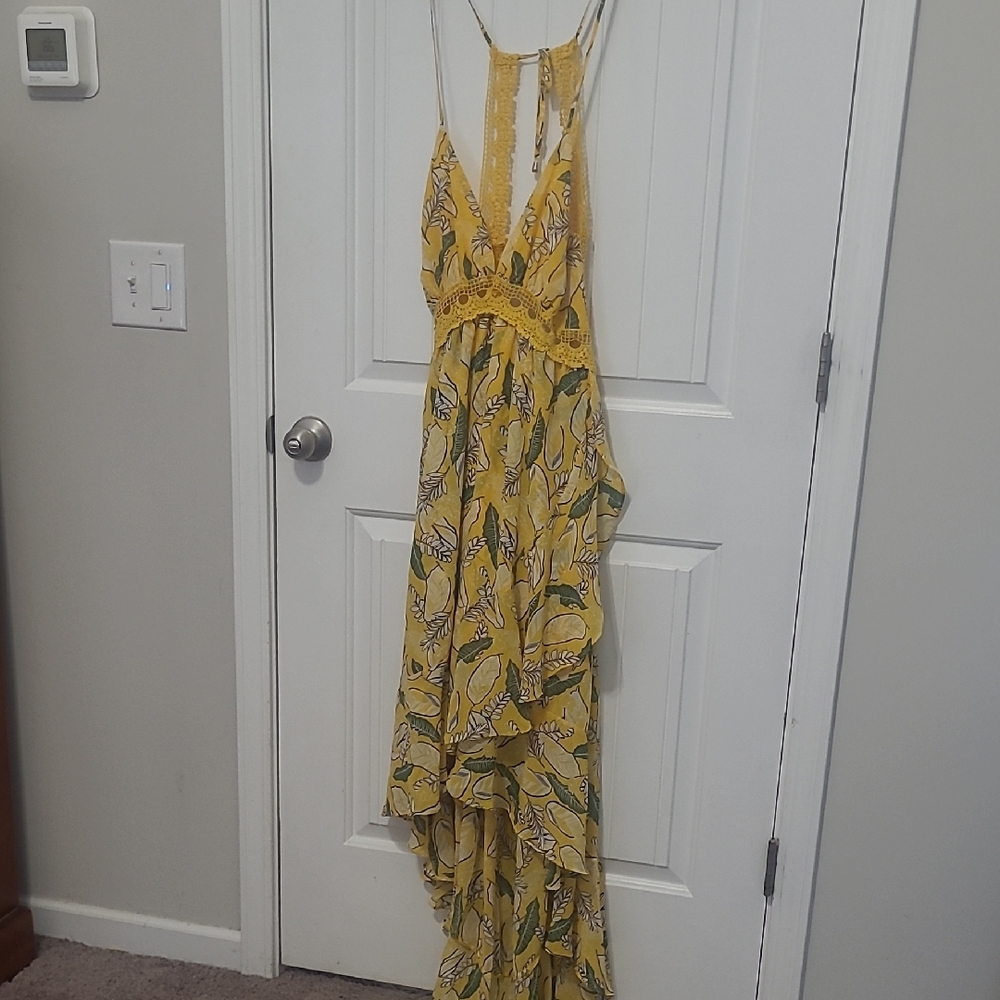 NWT The Clothing Company Chiffon Yellow Floral High Low Crochet Boho Dress
